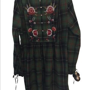 Zara Tunic Dress. Green black,white,orange plaid Size XL embroidered bodice bac